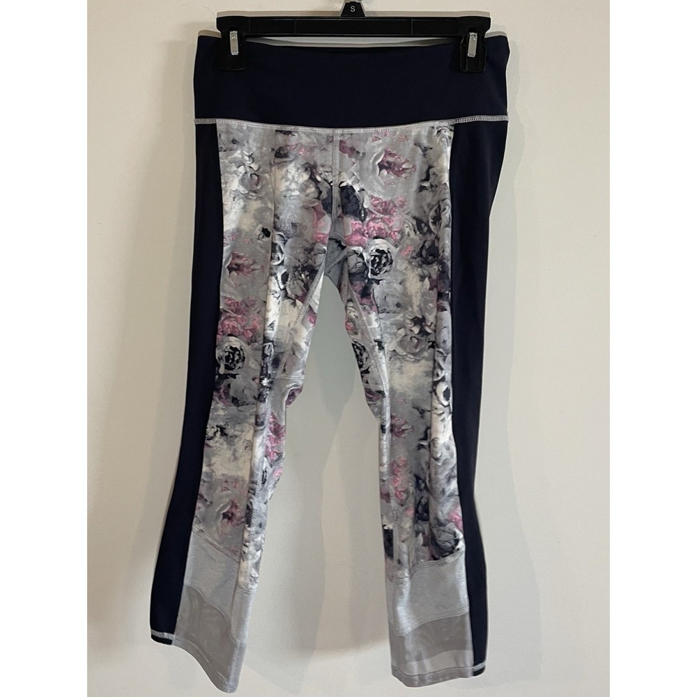 Lululemon Crop Leggings Size 6 Moody Mirage Floral Black Silver Pink Mesh Athlet